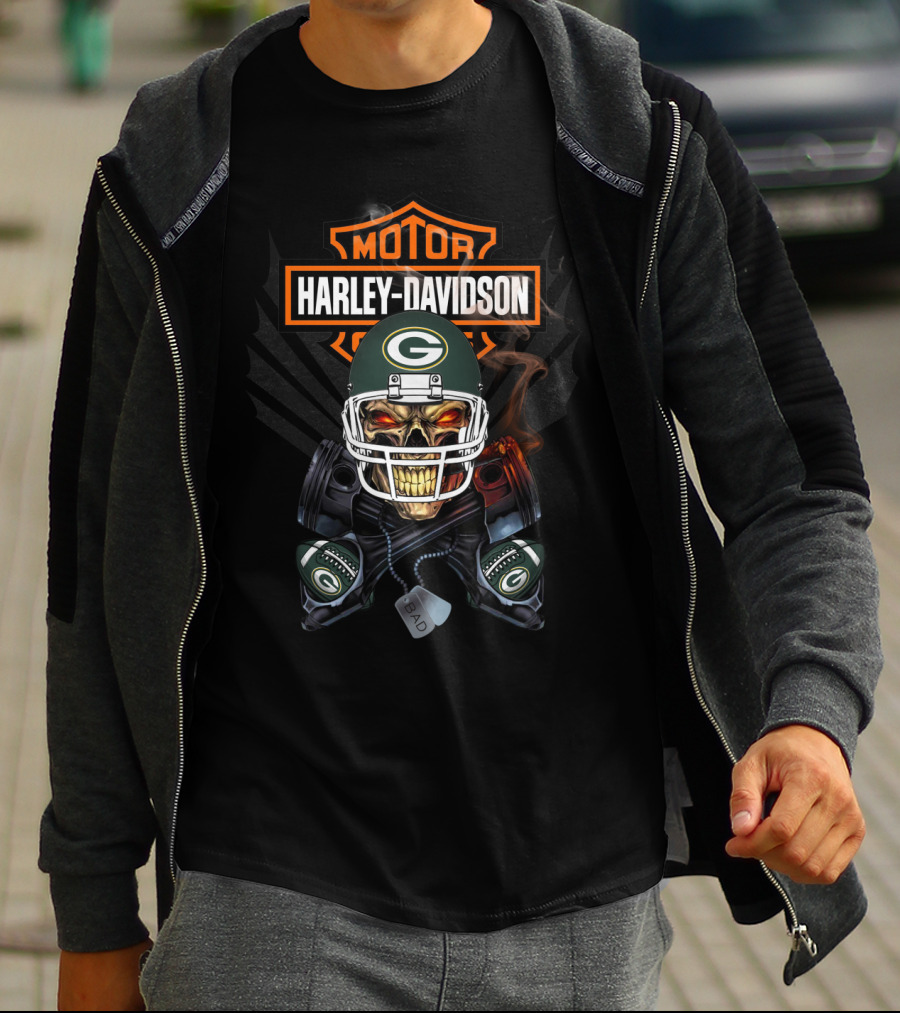 Harley Davidson Motor Green Bay Packers Skull Helmet T-Shirt