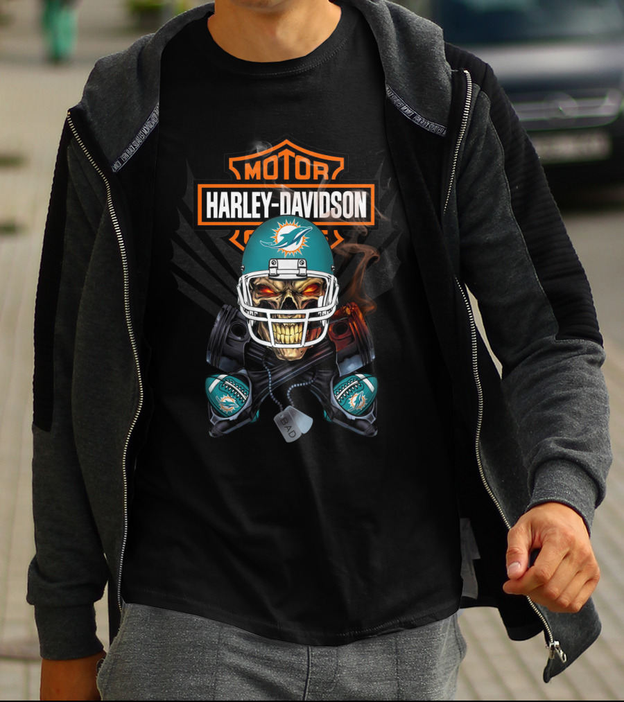 Harley Davidson Motor Miami Dolphins Skull Helmet Nfl T-Shirt
