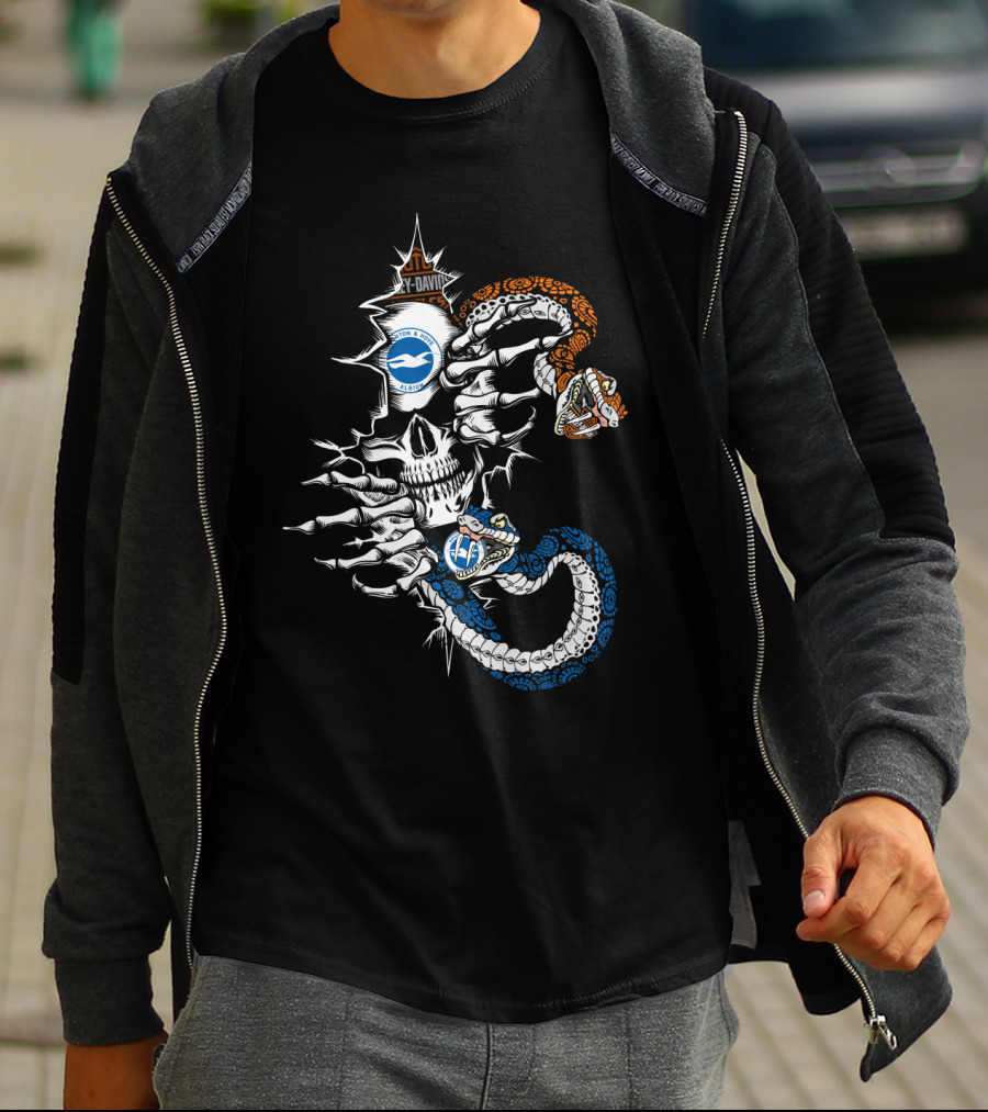 Skull With Snakes Brighton & Hove Albion Fc And Harley Davidson Elements T-Shirt