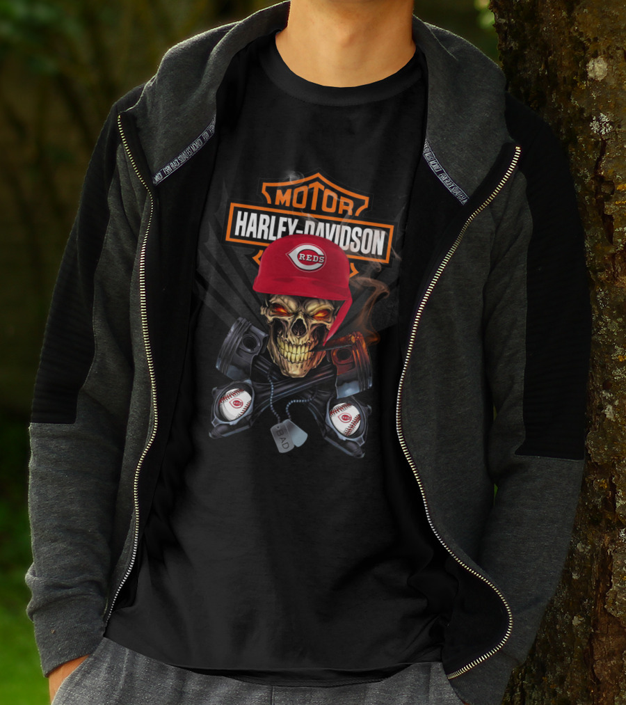 Harley Davidson Reds Skull With Piston Baseballs T-Shirt