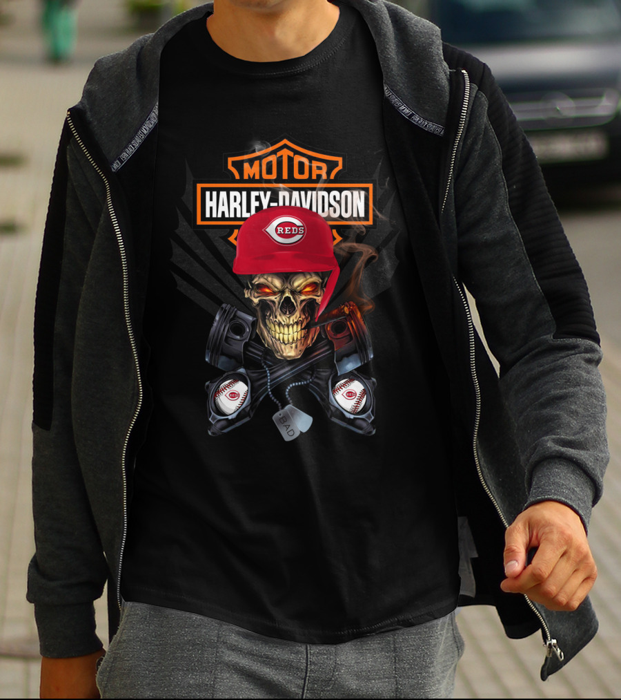 Harley Davidson Reds Skull With Piston Baseballs T-Shirt