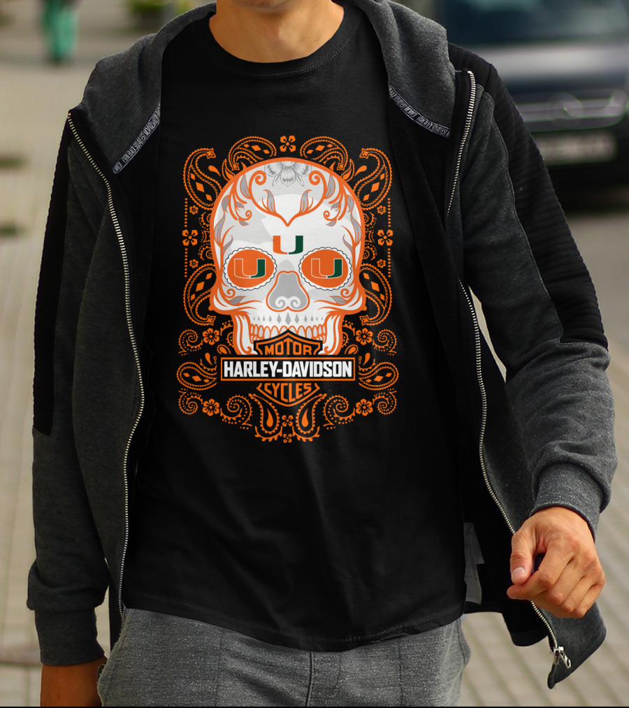 Harley Davidson Motor Cycles Miami Hurricanes U Skull T-Shirt