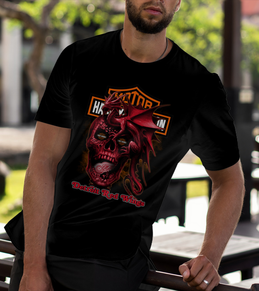 Detroit Red Wings Harley Davidson Skull Dragon T-Shirt