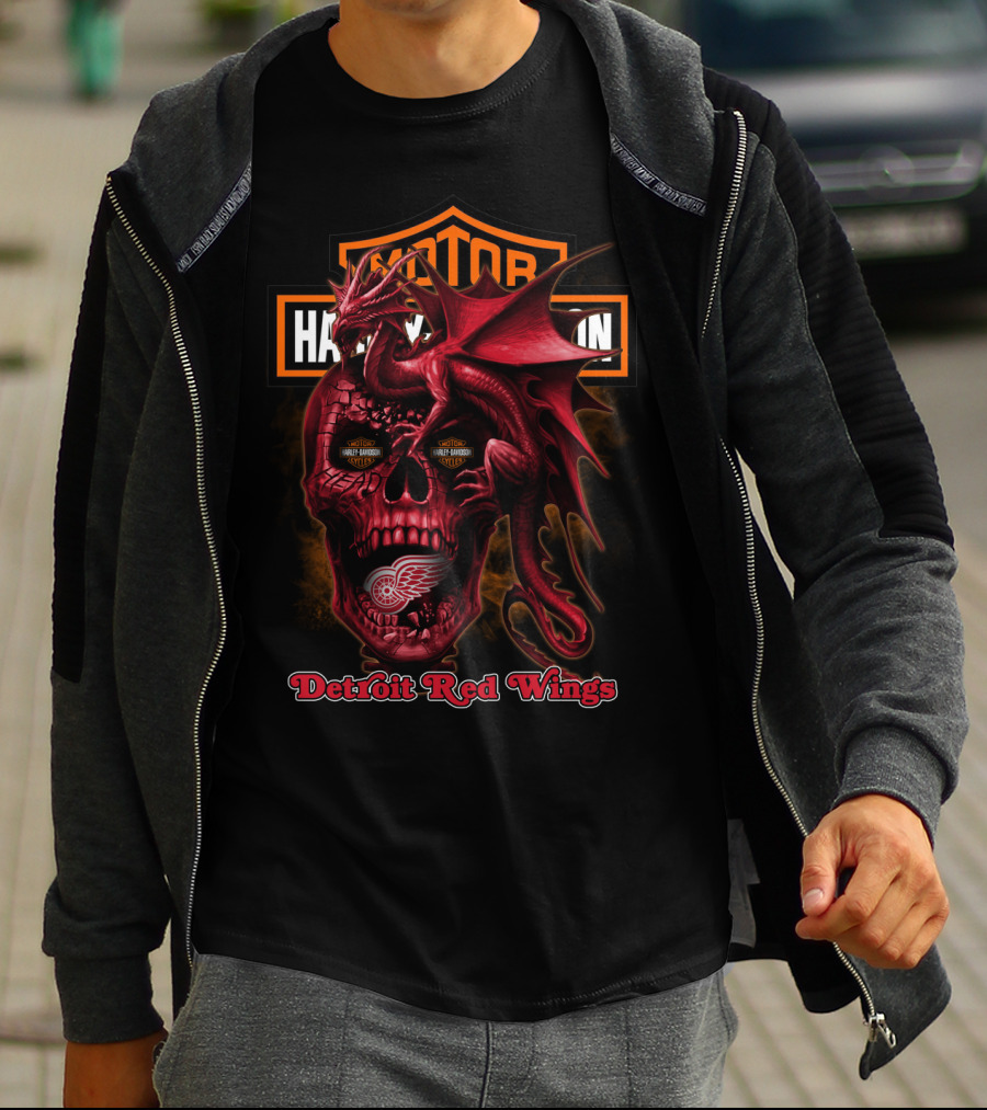 Detroit Red Wings Harley Davidson Skull Dragon T-Shirt