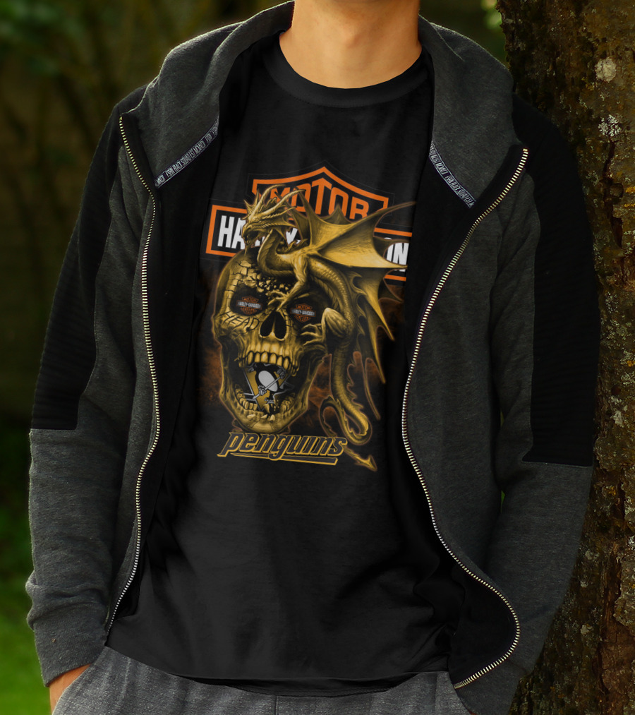 Pittsburgh Penguins Motor Harley Davidson Cycles Dragon Skull T-Shirt