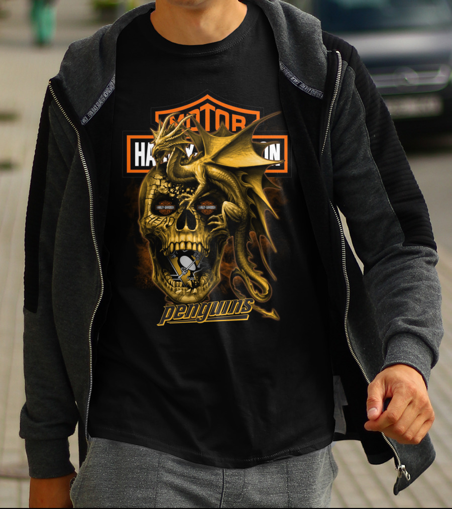 Pittsburgh Penguins Motor Harley Davidson Cycles Dragon Skull T-Shirt