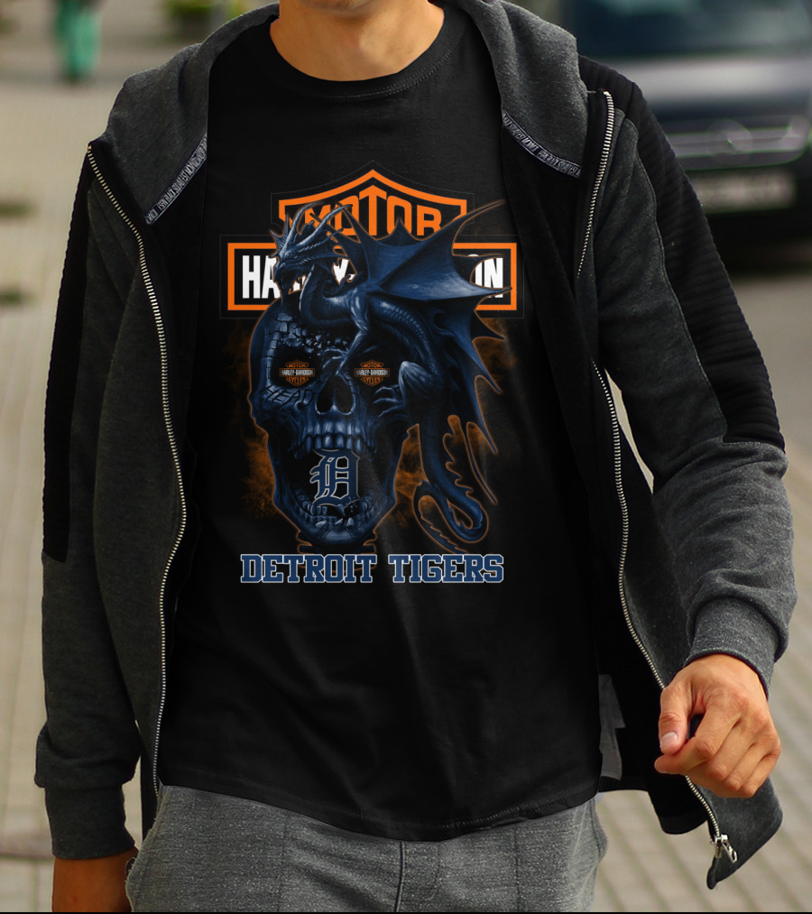 Detroit Tigers Harley Davidson Skull Dragon T-Shirt