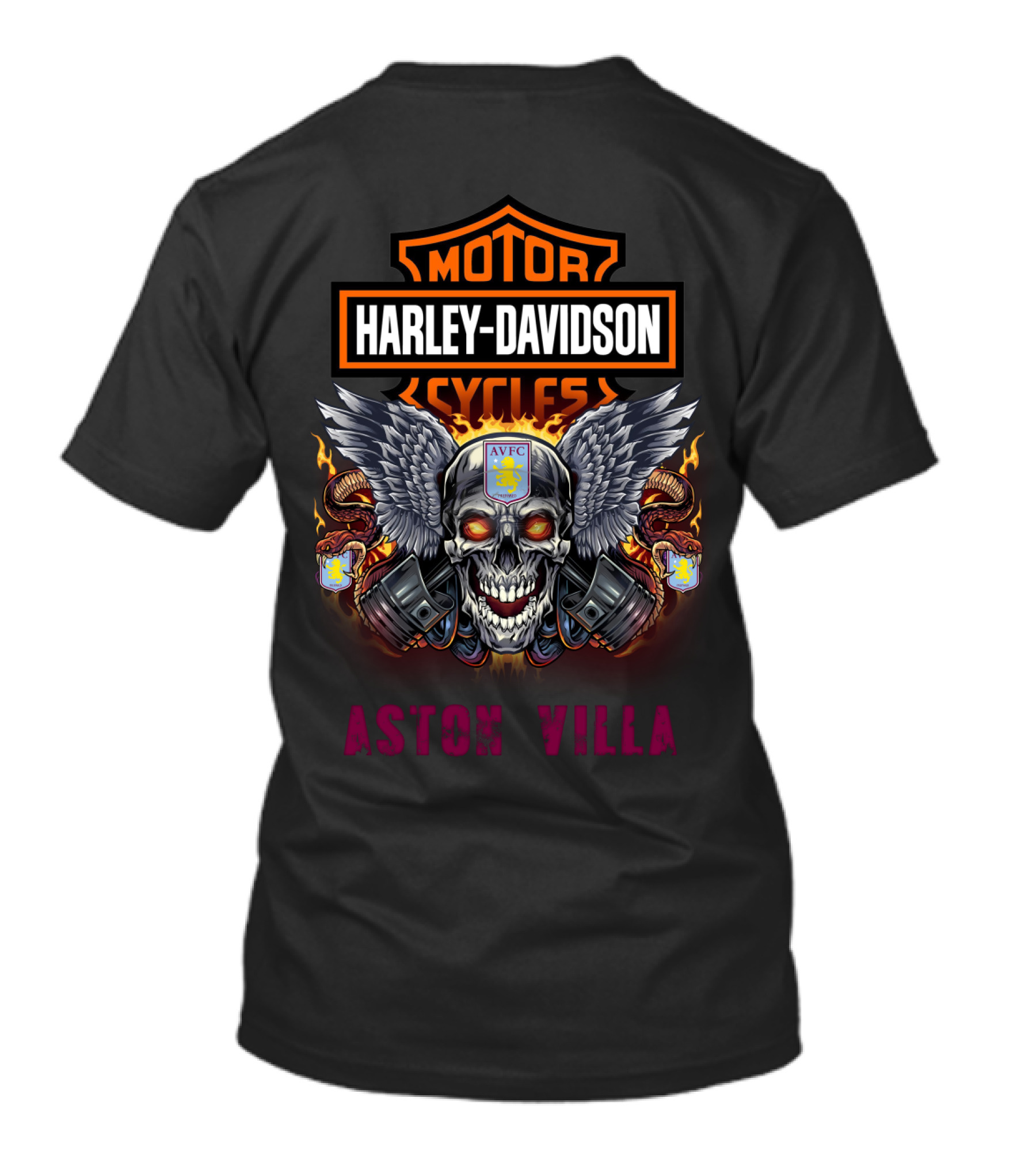 Harley Davidson Motor Cycles Aston Villa Avfc Skull Wings T-Shirt