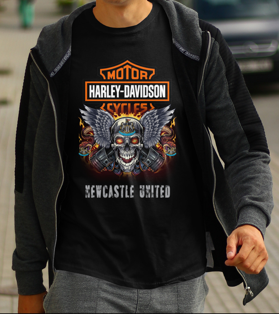 Harley Davidson Cycles Motor Newcastle United Skull Wings Flames Snakes T-Shirt
