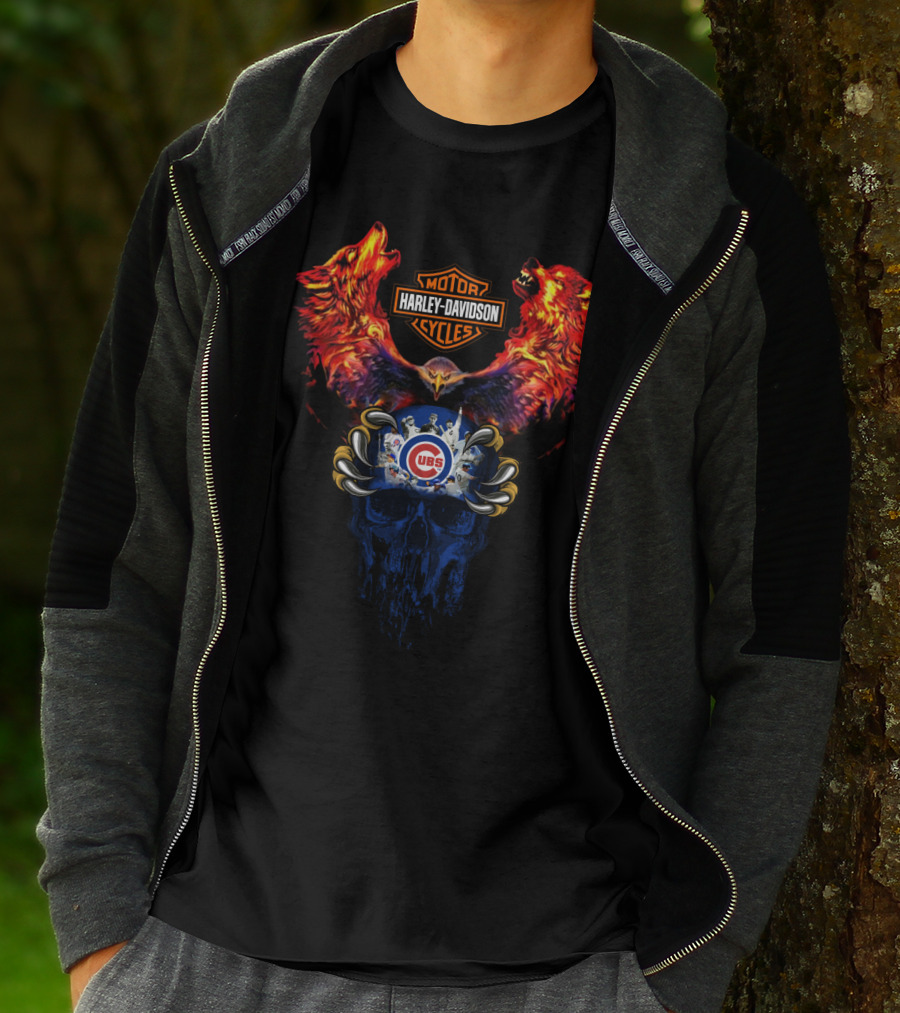 Harley Davidson Motorcycles Cubs Skull Wolf 121 Mlb T-Shirt