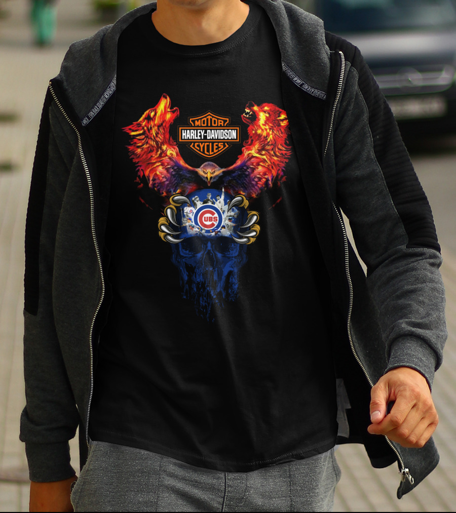 Harley Davidson Motorcycles Cubs Skull Wolf 121 Mlb T-Shirt