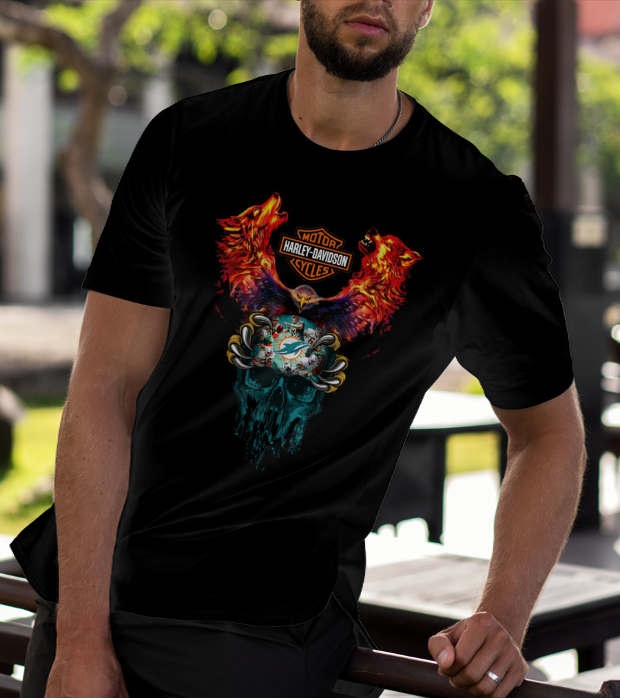 Harley Davidson Motor Cycles Miami Dolphins Wolves And Skull T-Shirt