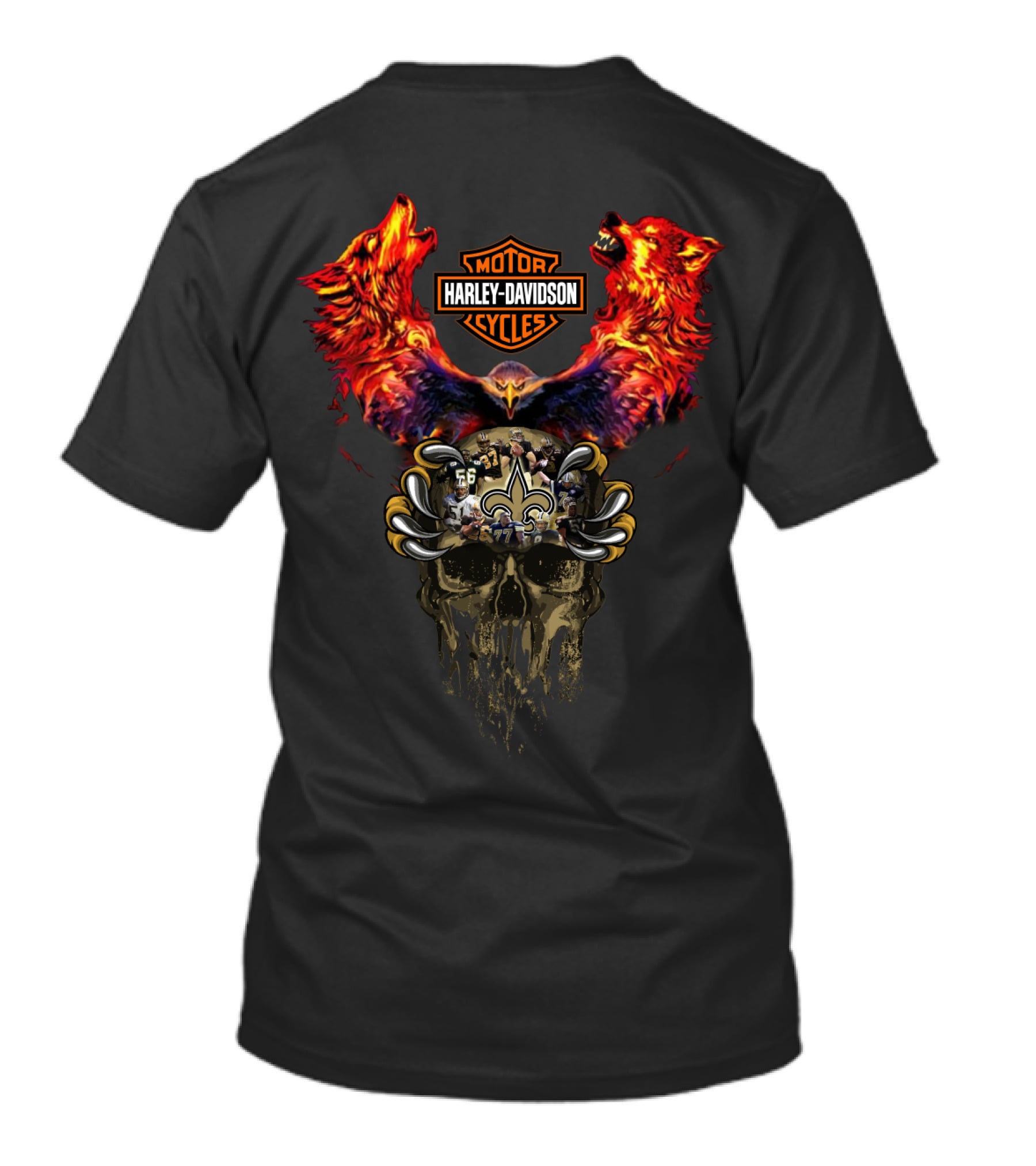 Harley Davidson Cycles With Wolves And New Orleans Saints Skull T-Shirt