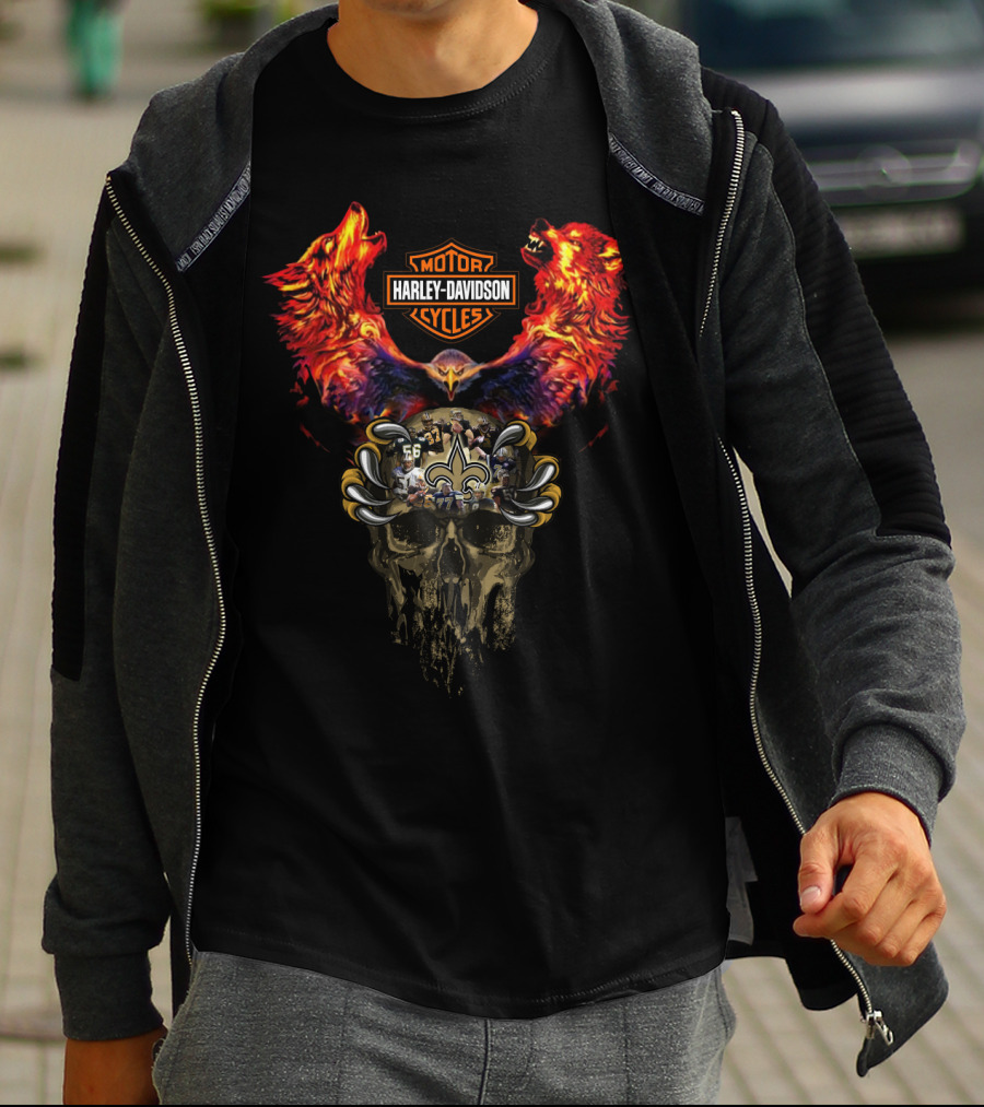Harley Davidson Cycles With Wolves And New Orleans Saints Skull T-Shirt