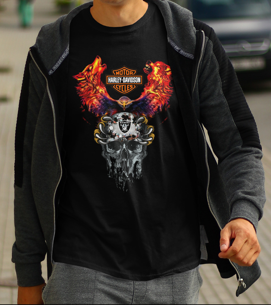 Or Harley Davidson Raiders 75 Skull Eagle Wolves T-Shirt
