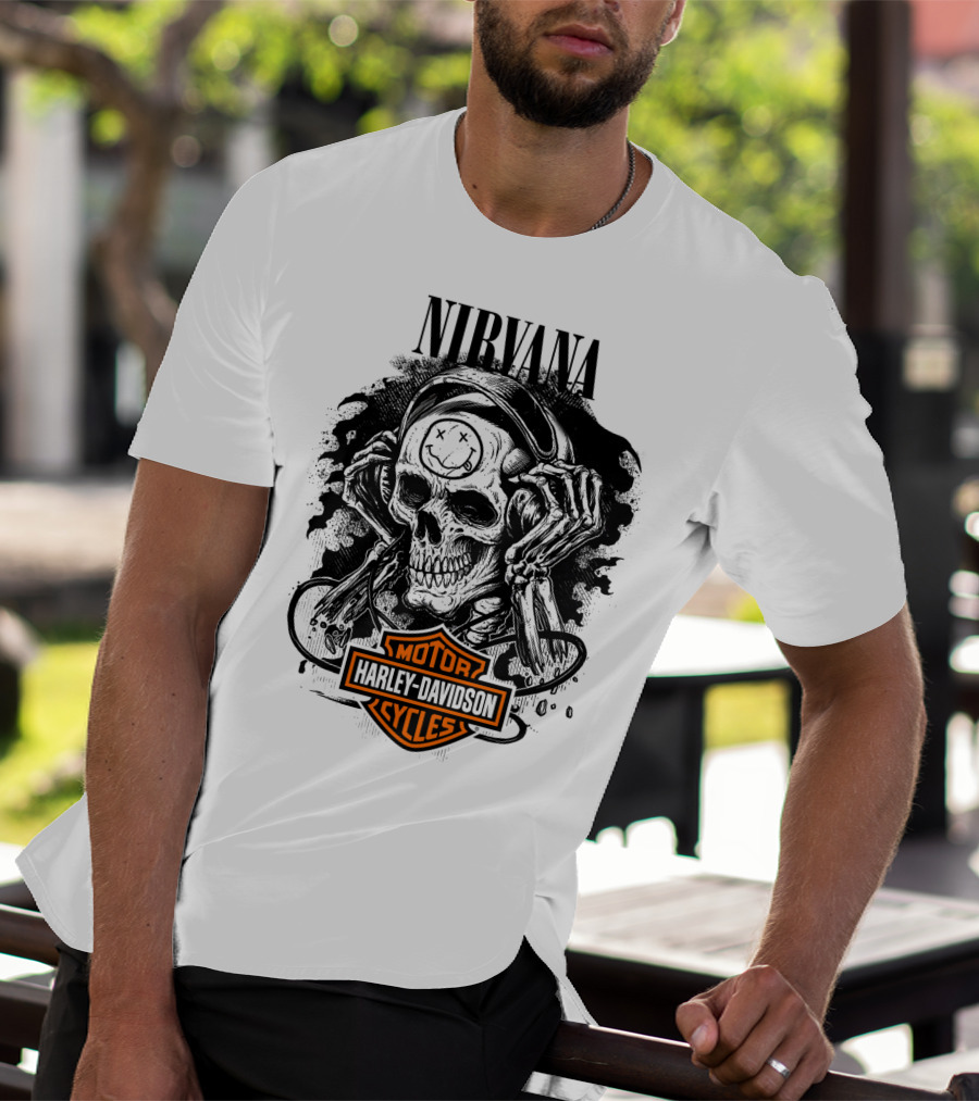 Nirvana Harley Davidson Skull With Headphones T-Shirt