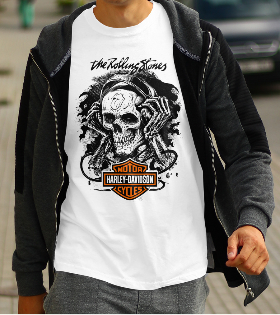 The Rolling Stones Harley Davidson Motor Cycles Skull Art T-Shirt