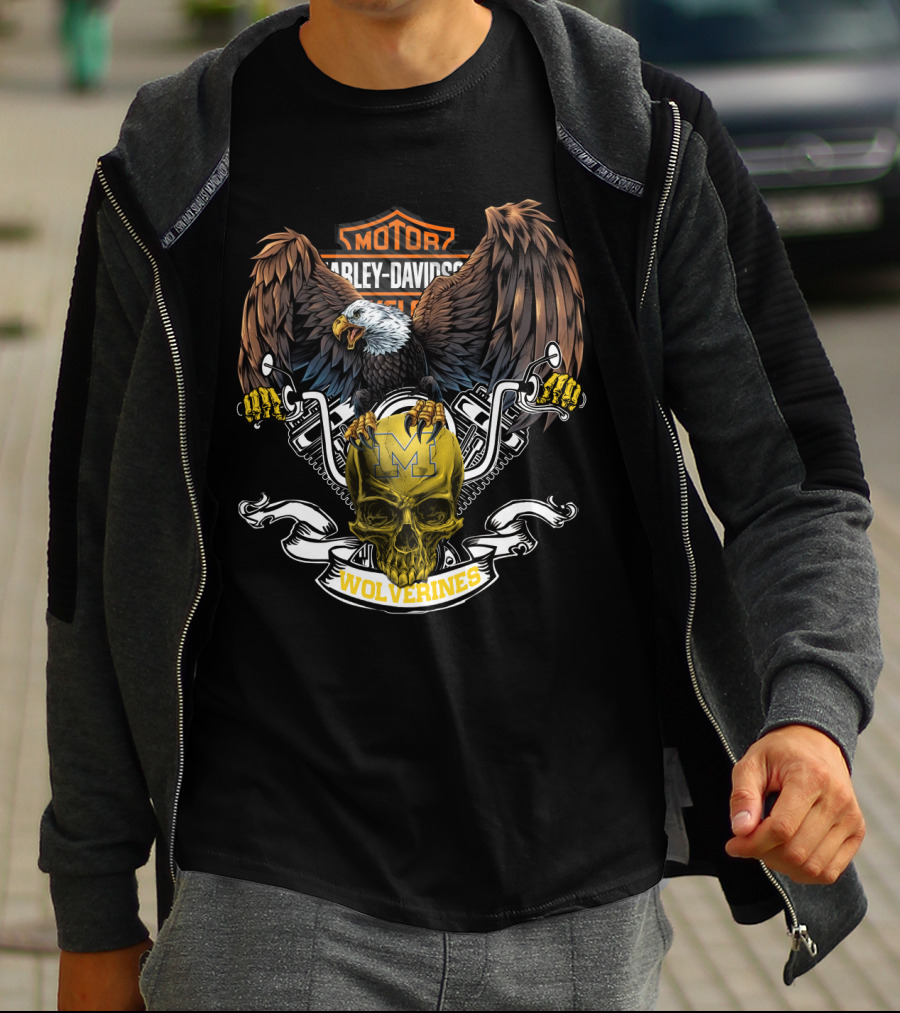 Motor Harley Davidson Cycles Eagle Skull Wolverines Michigan T-Shirt
