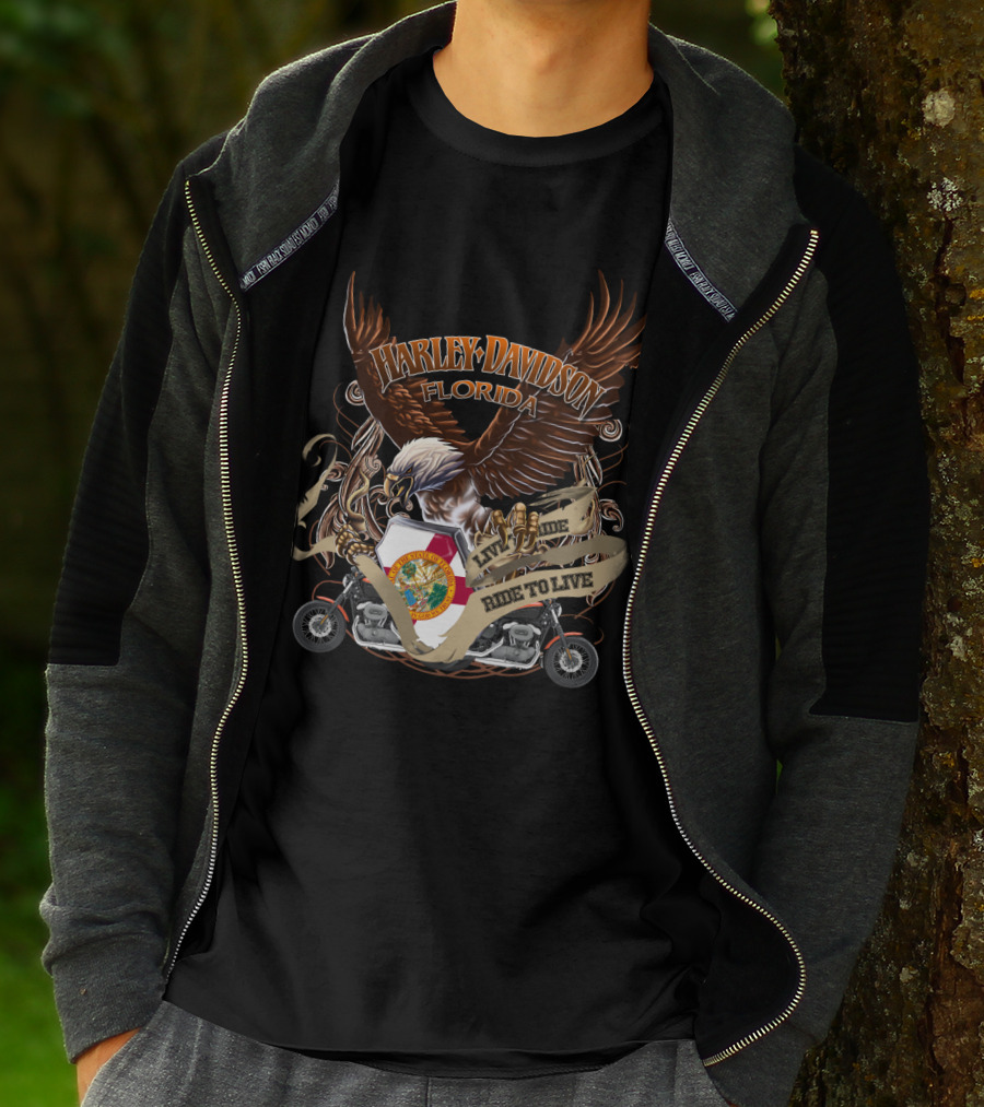 Harley Davidson Florida Live To Ride Eagle And Motorcycle Seal T-Shirt