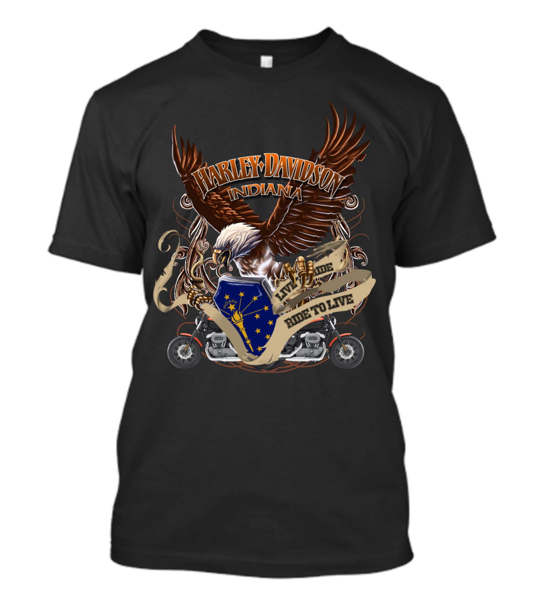 Harley Davidson Indiana Live To Ride Ride To Live Eagle And Motorcycle Badge T-Shirt