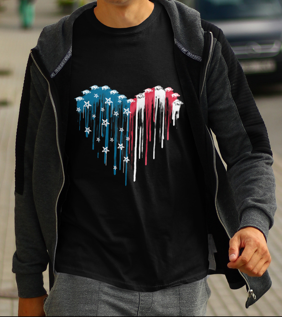 Arkansas Razorbacks Dripping American Flag Heart T-Shirt