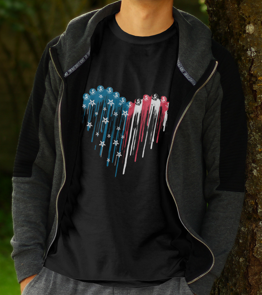 Red White And Blue Heart With Stars And Florida State Seminoles Logos T-Shirt