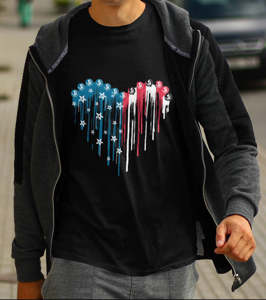 Red White And Blue Heart With Stars And Florida State Seminoles Logos T-Shirt
