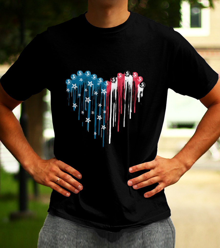 Red White And Blue Heart With Stars And Florida State Seminoles Logos T-Shirt
