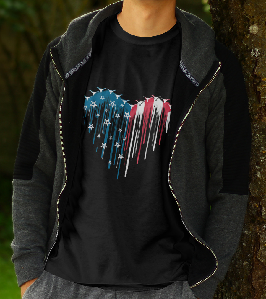 Texas Longhorns Dripping American Flag Heart T-Shirt