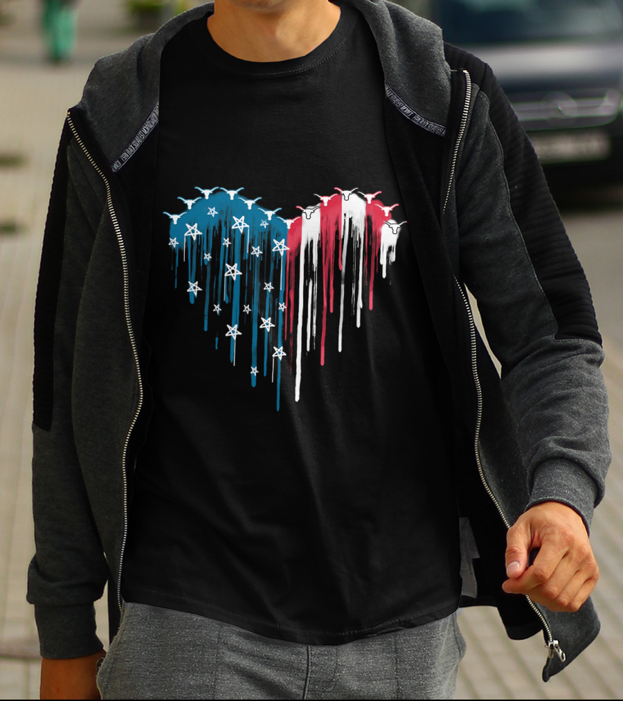 Texas Longhorns Dripping American Flag Heart T-Shirt