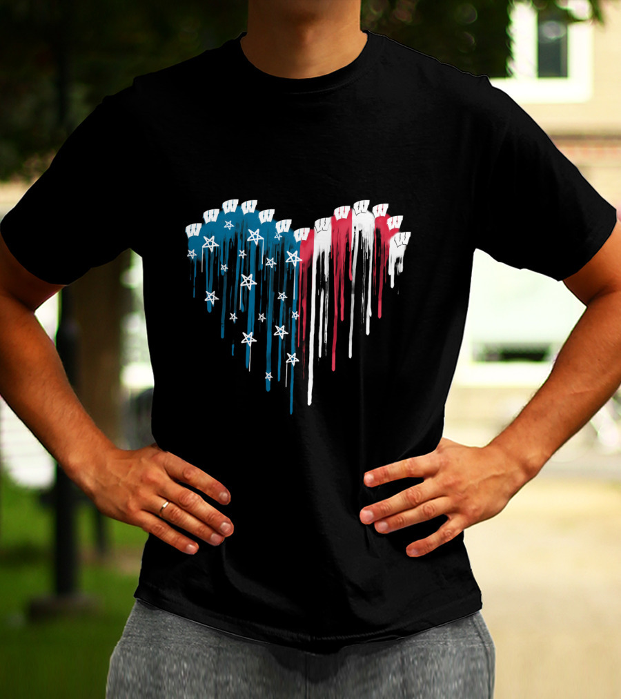 Wisconsin Badgers Heart Flag Design With Stars And Stripes Dripping Effect T-Shirt