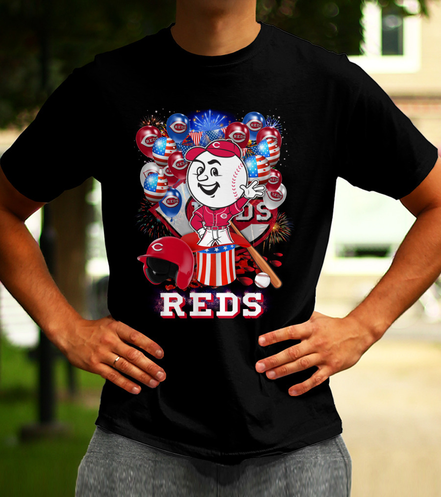 Mlb Cincinnati Reds Baseball Mascot Celebration With Fireworks And Patriotic Details T-Shirt