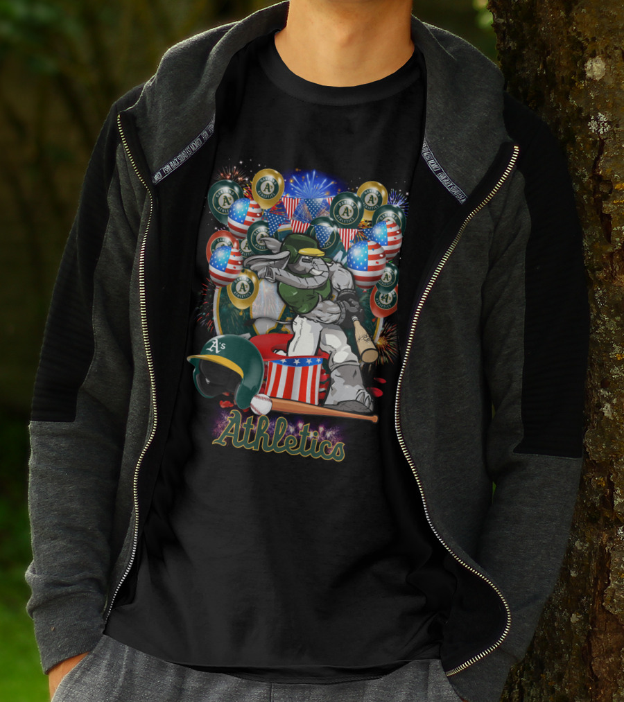 Mlb Oakland Athletics Fireworks Celebration With American Flags And Baseball Elements T-Shirt