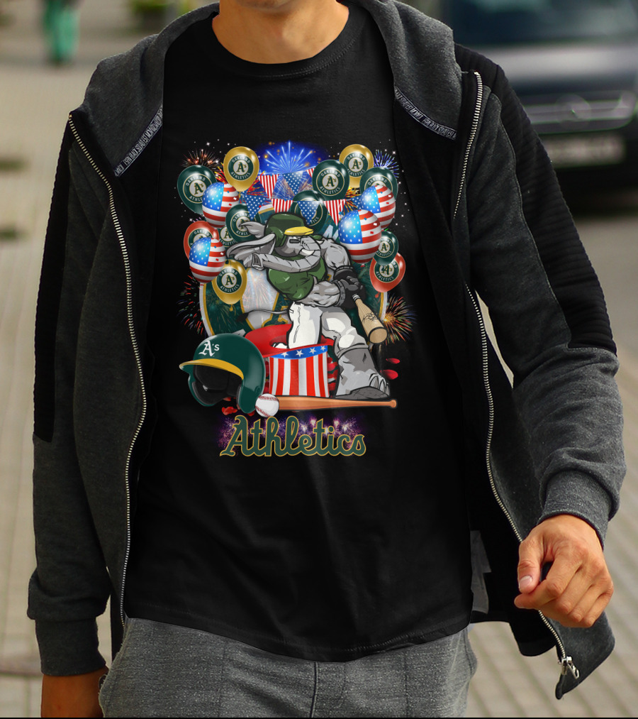 Mlb Oakland Athletics Fireworks Celebration With American Flags And Baseball Elements T-Shirt