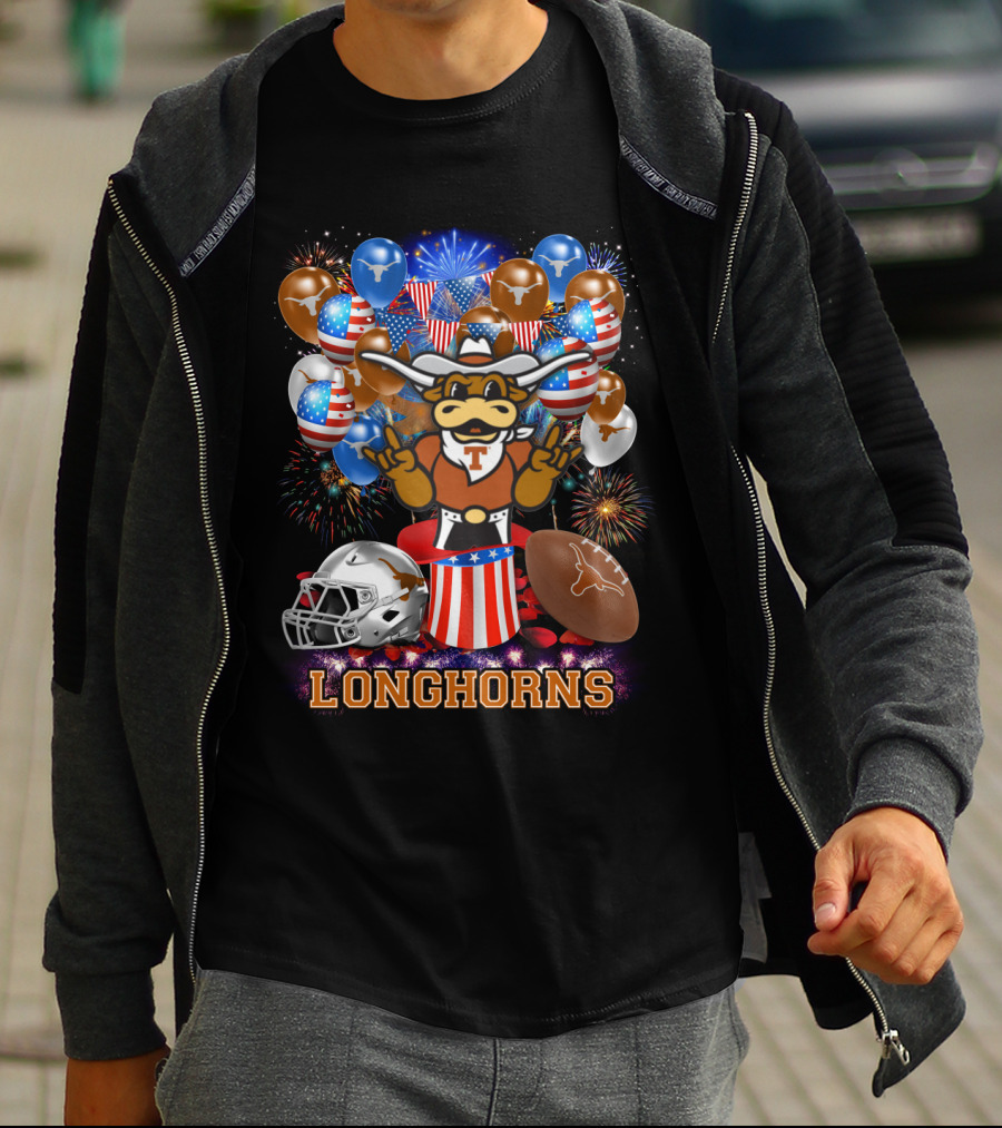 Ncaa Texas Longhorns Mascot Fireworks Balloons Helmet Football T-Shirt