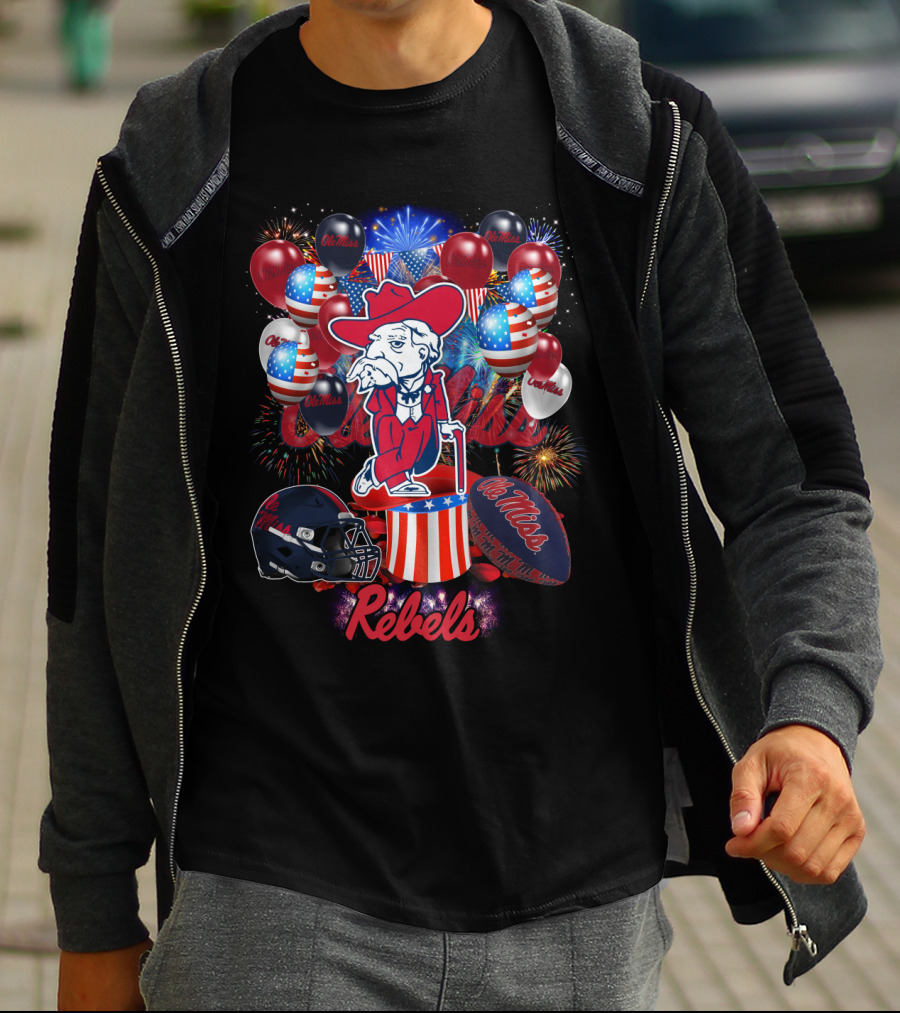 Ncaa2 Ole Miss Rebels Patriotic Balloons Fireworks Football Helmet Colonel Mascot Celebration T-Shirt
