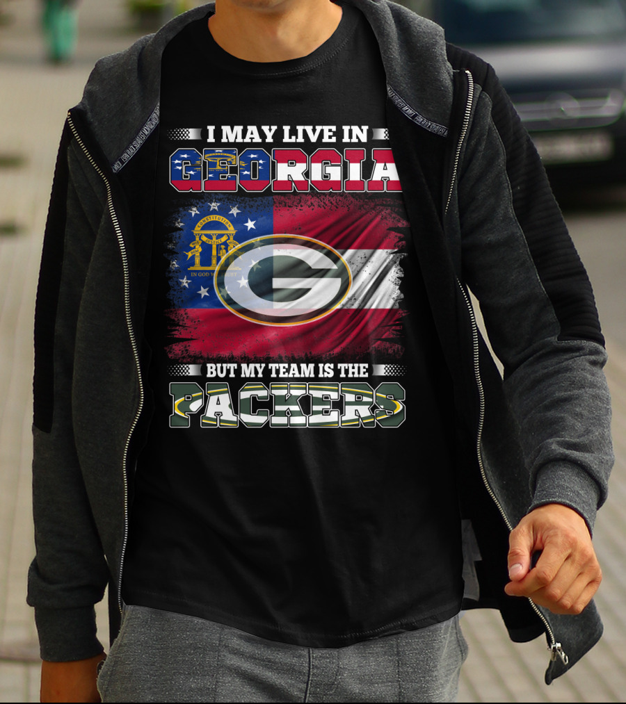 I May Live In Georgia But My Team Is The Packers Georgia Flag Green Bay T-Shirt