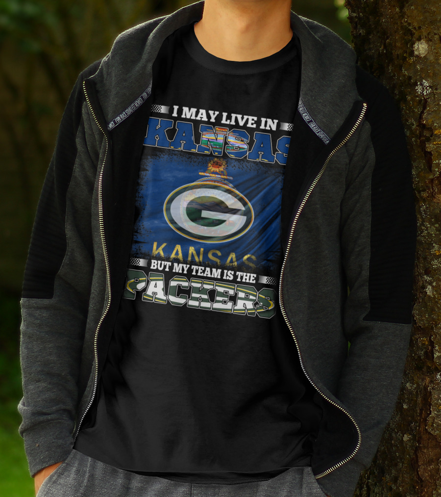 I May Live In Kansas But My Team Is The Packers Featuring Kansas Flag And Green Bay T-Shirt