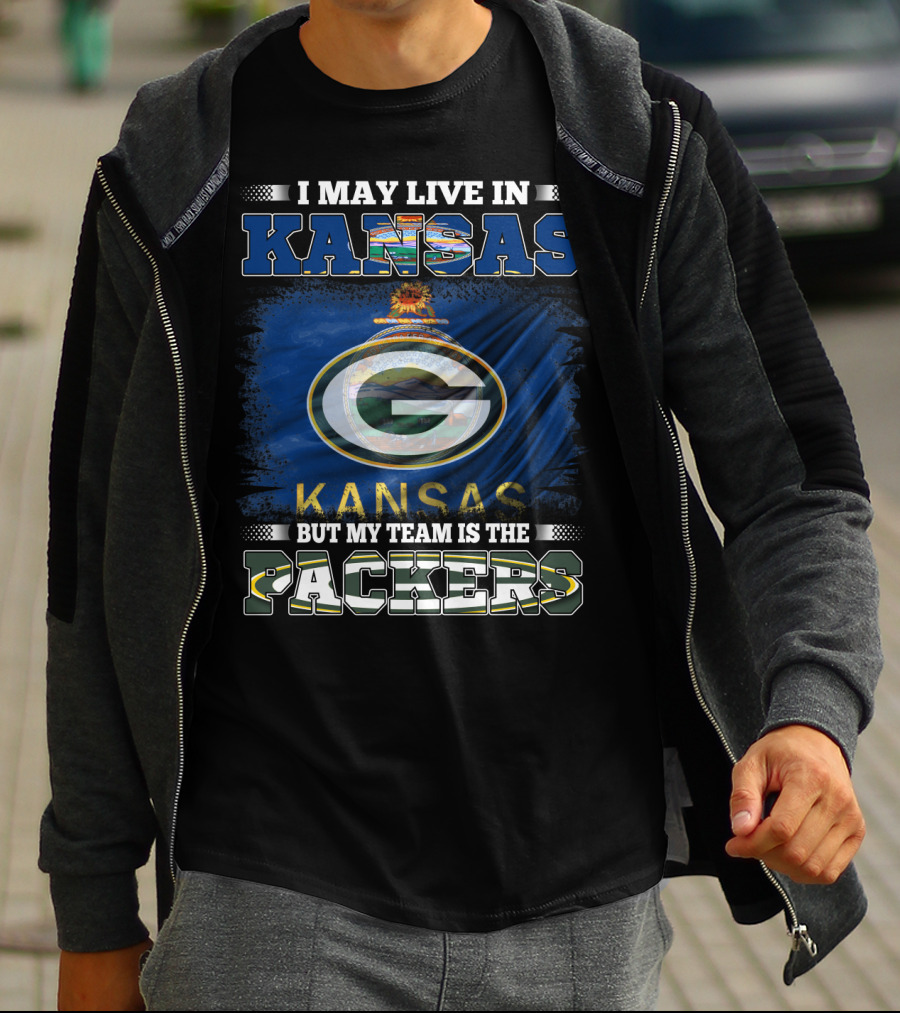 I May Live In Kansas But My Team Is The Packers Featuring Kansas Flag And Green Bay T-Shirt