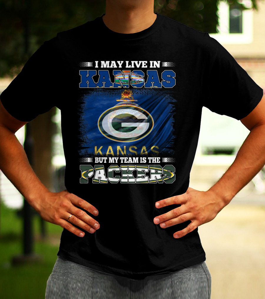 I May Live In Kansas But My Team Is The Packers Featuring Kansas Flag And Green Bay T-Shirt