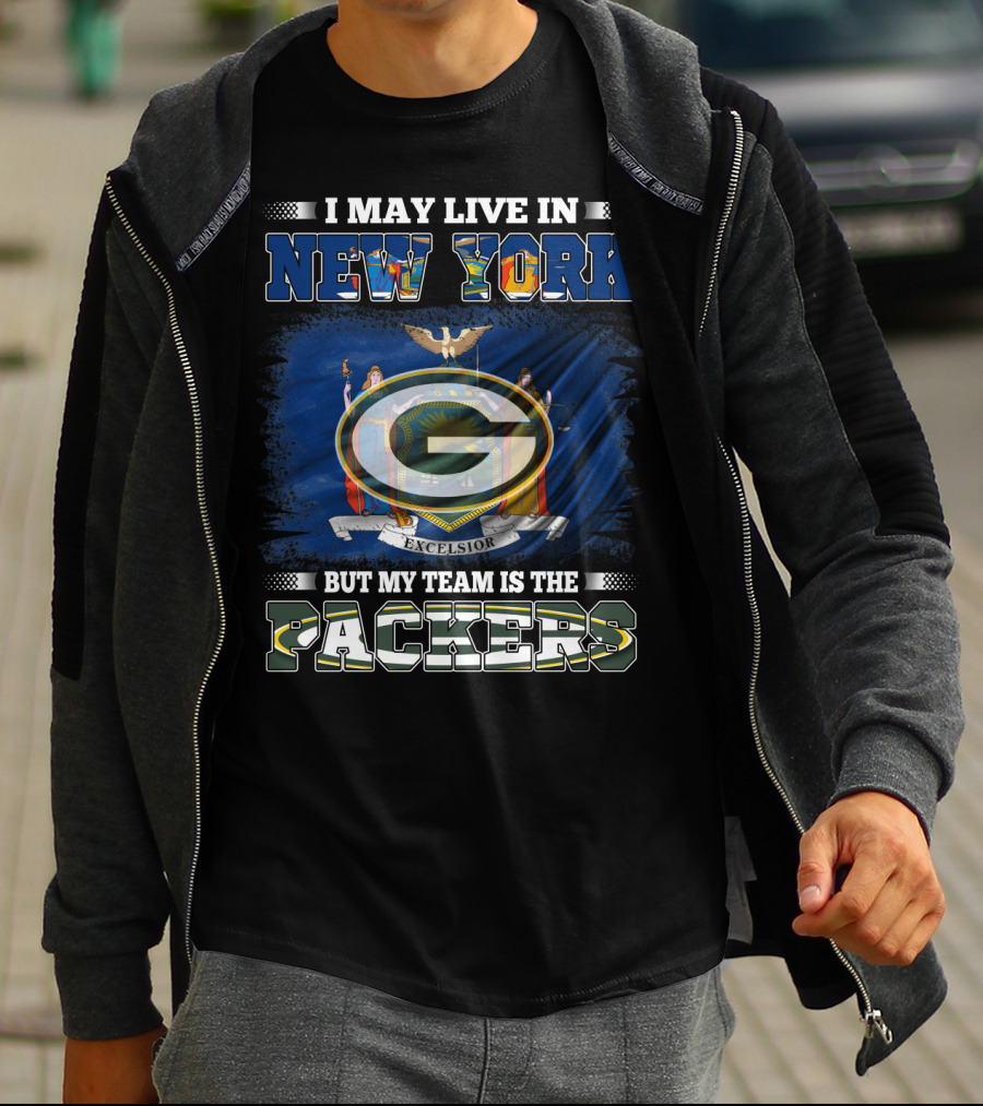 I May Live In New York Packers Team Excelsior Flag T-Shirt