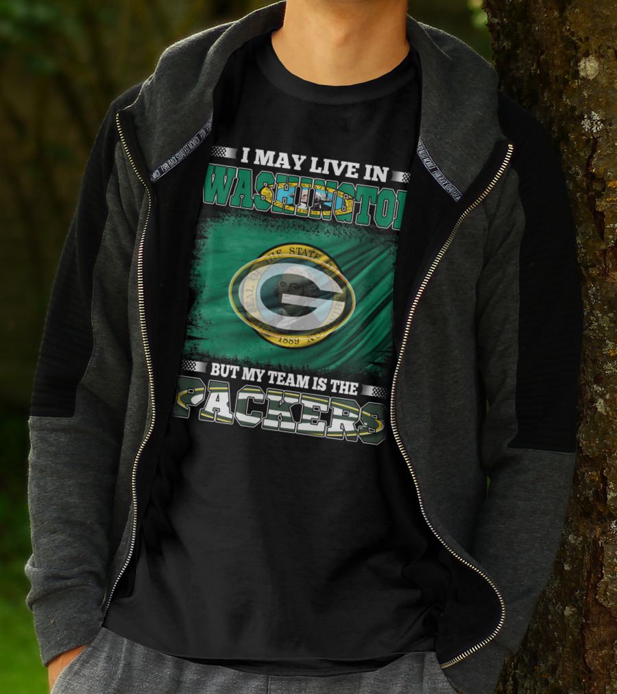 I May Live In Washington But My Team Is The Packers Green Bay Logo Washington State Flag T-Shirt