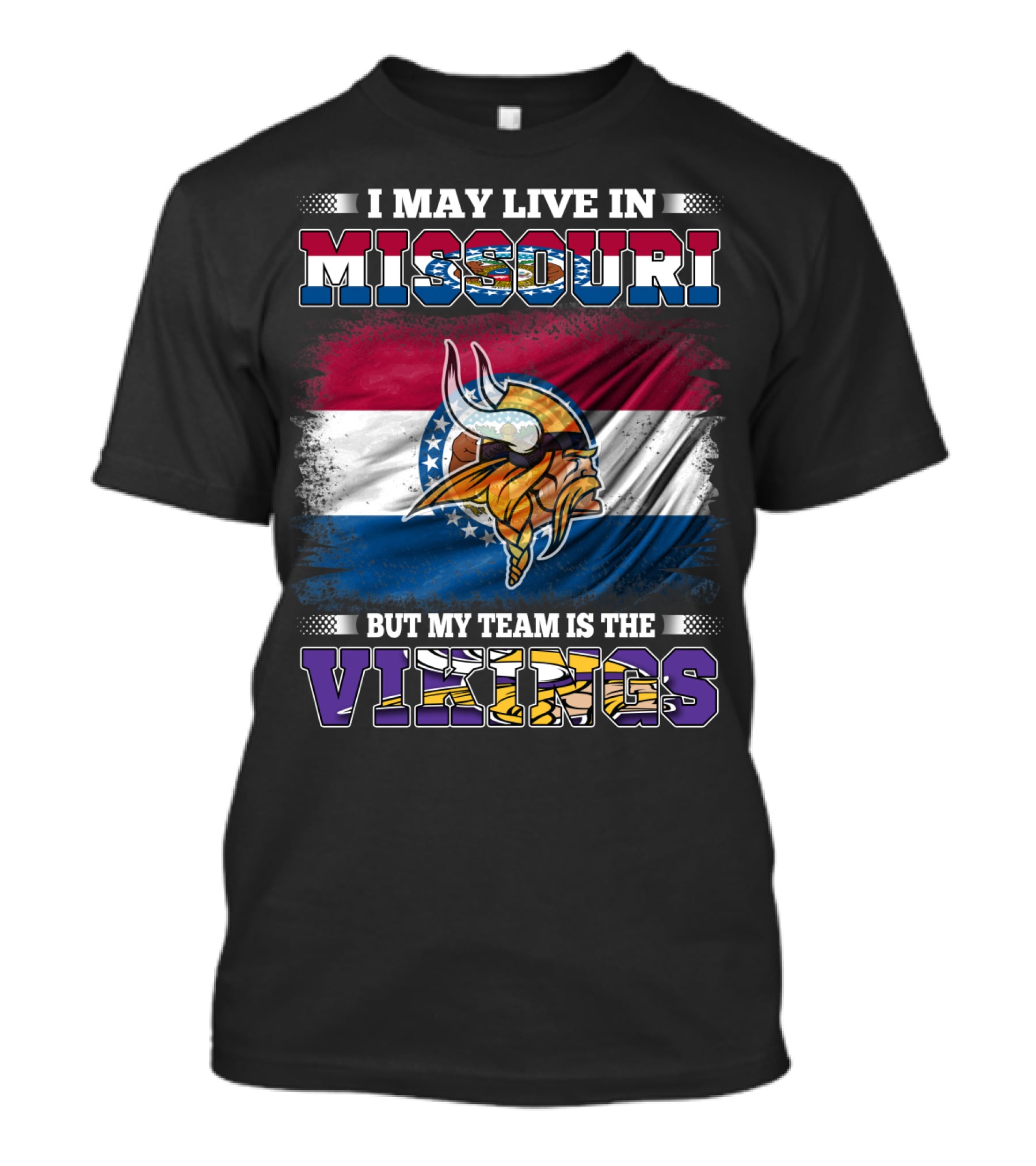 I May Live In Missouri But My Team Is The Vikings Missouri Flag Viking Helmet T-Shirt