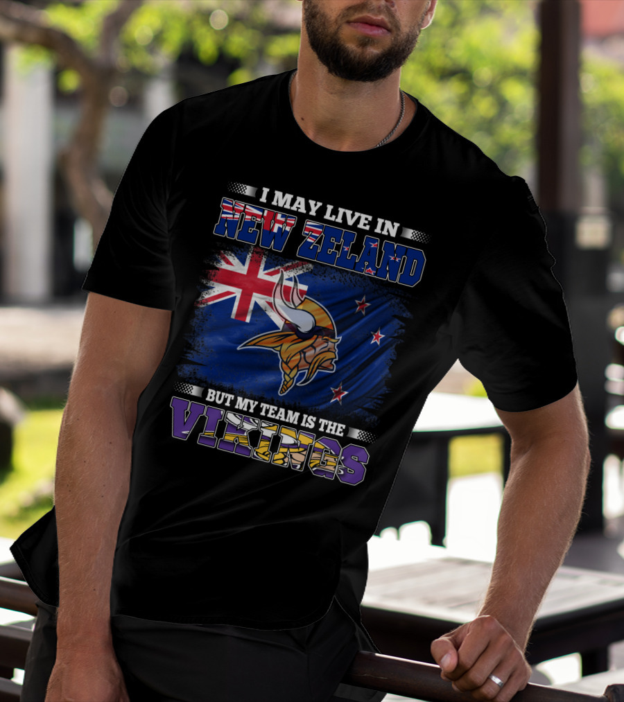 I May Live In New Zeland But My Team Is The Vikings Flag With New Zealand Flag And Viking Helmet T-Shirt