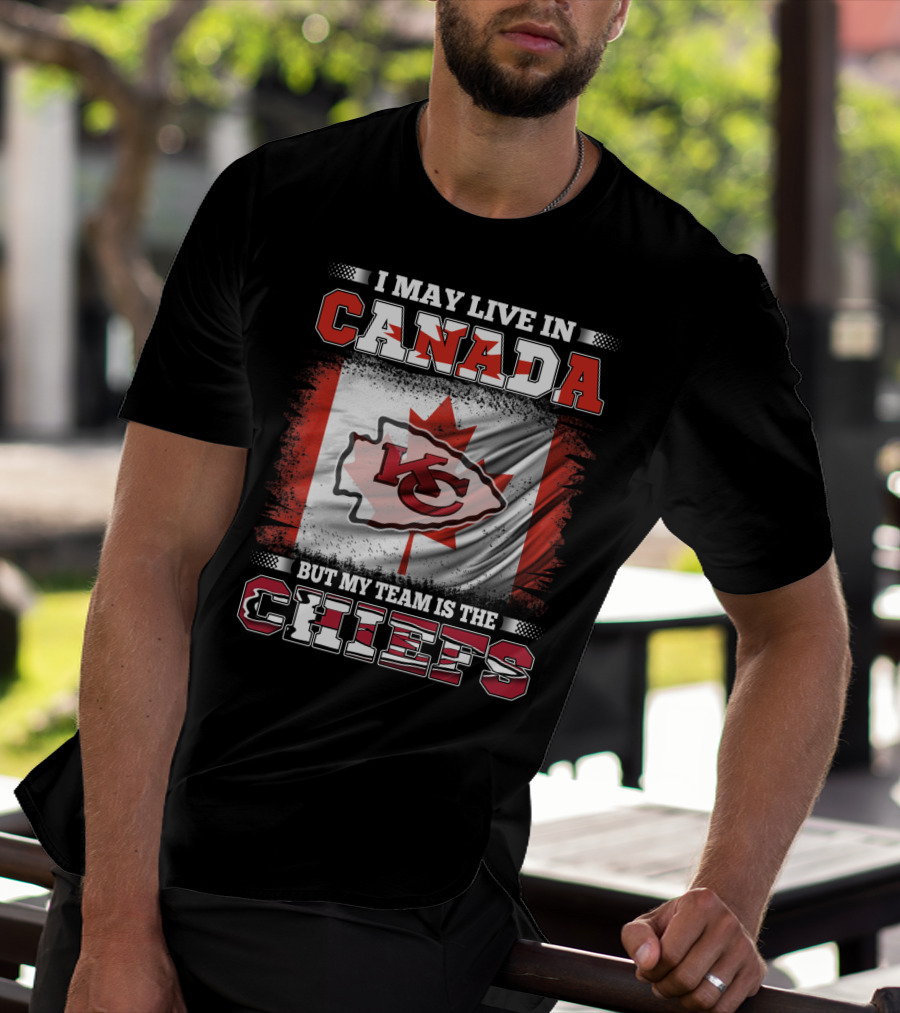 Chiefs Enthusiast Living In Canada With Kansas City Logo And Canadian Flag Background T-Shirt
