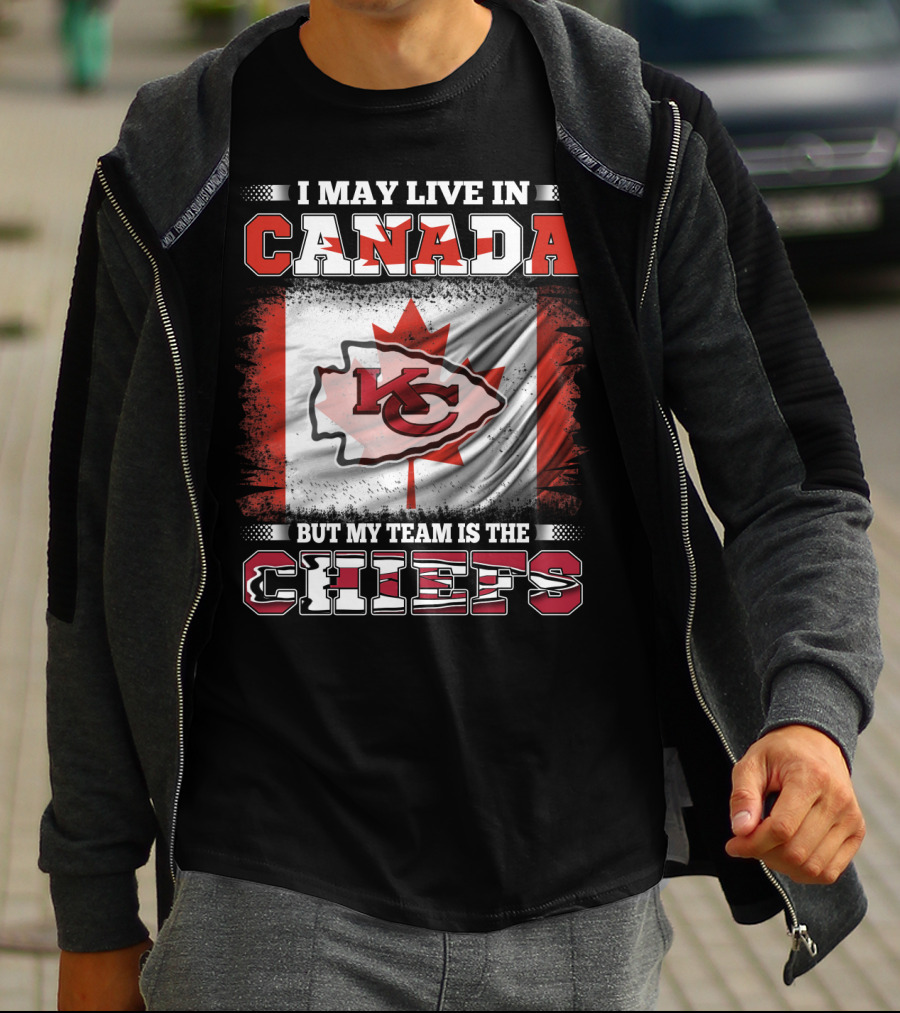 Chiefs Enthusiast Living In Canada With Kansas City Logo And Canadian Flag Background T-Shirt