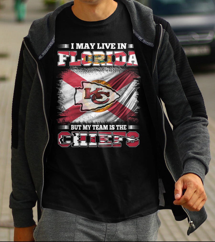 I May Live In Florida But My Team Is The Chiefs KC Logo Florida Flag T-Shirt