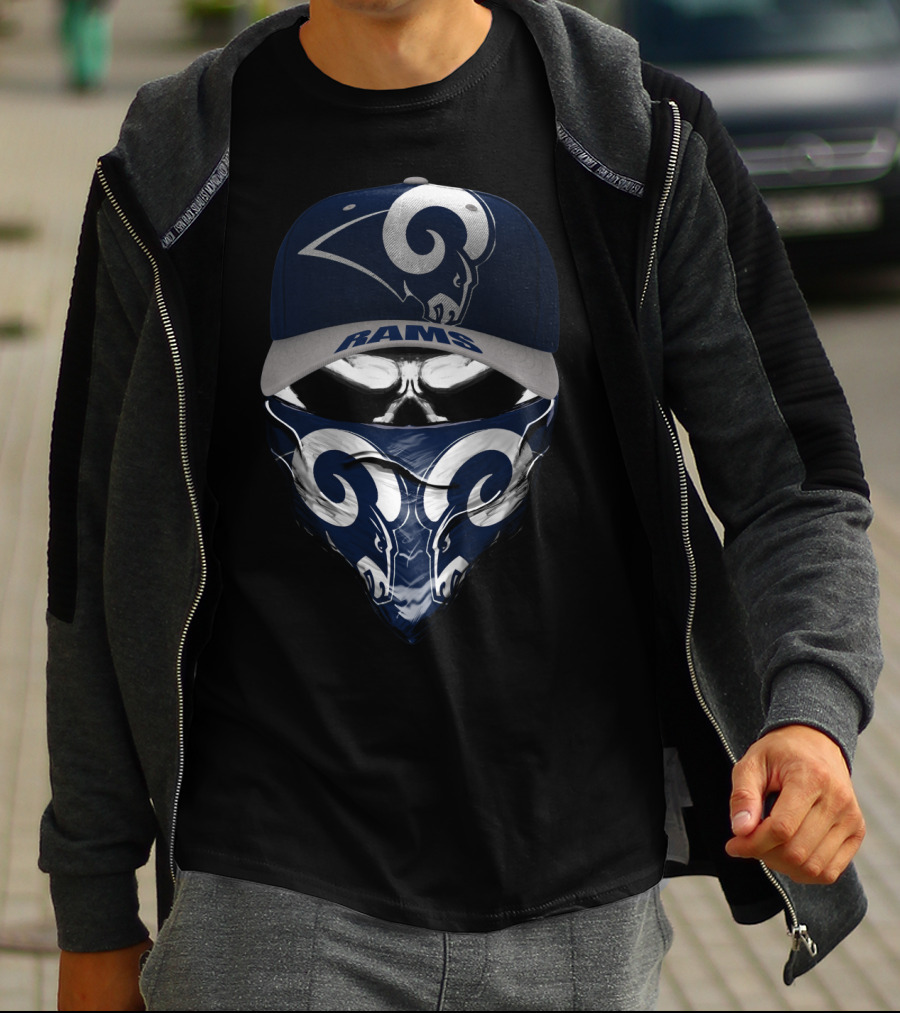 Los Angeles Rams Blue And Silver Skull Bandana And Cap T-Shirt