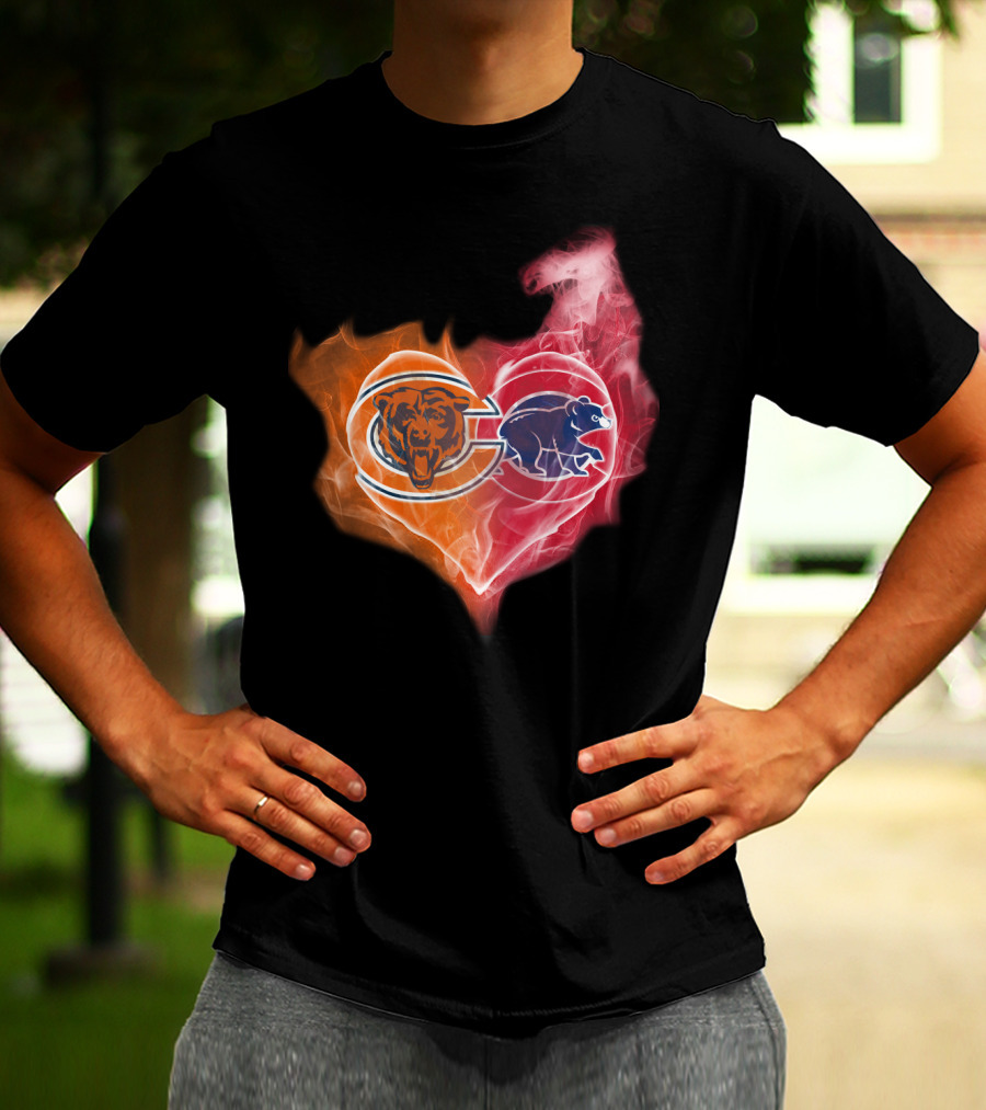 Chicago Bears Cubs Heart Fire Logo Fusion T-Shirt