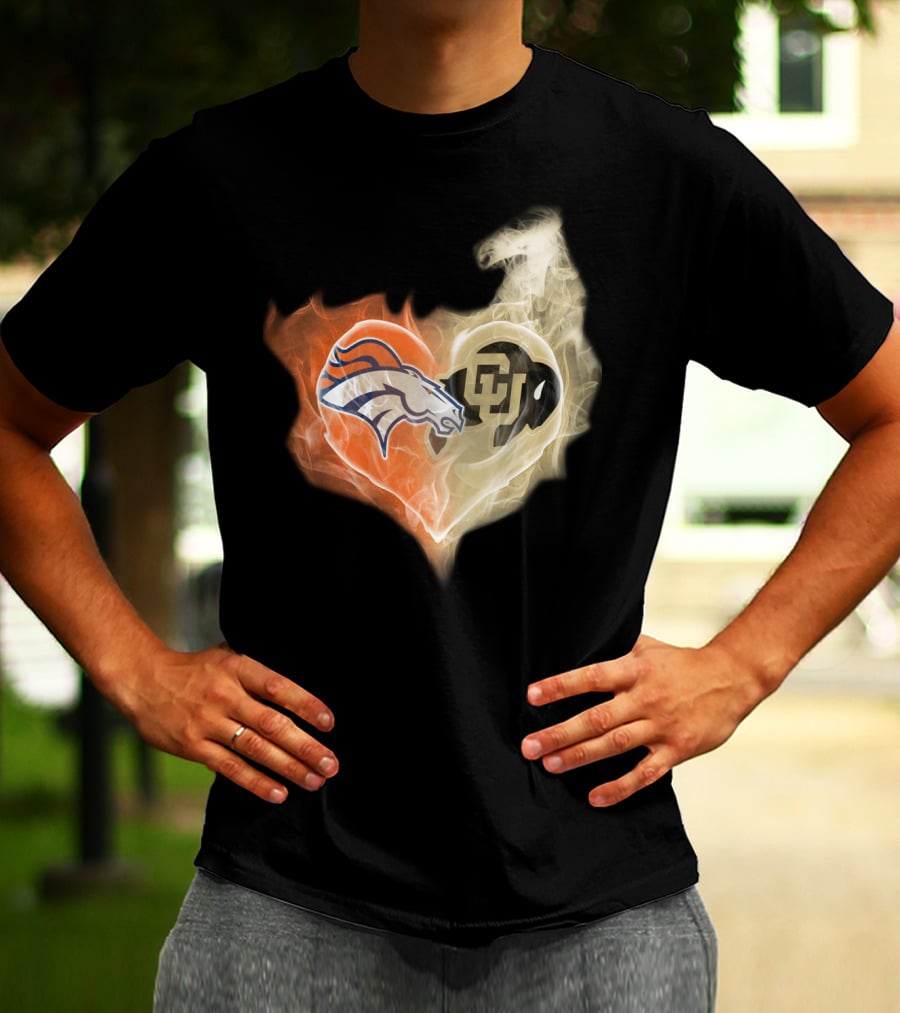 Broncos Colorado Buffaloes Heart-Shaped Flames T-Shirt